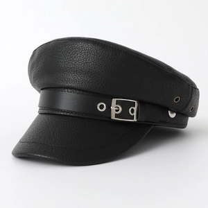 British style black leather newsboy cap with litchi texture and metal buckle detail