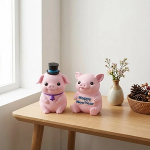 Detail of pink resin pig ornaments with Happy New Year sign and festive party accessories