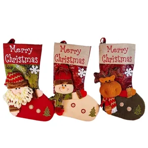 Three-piece Christmas stockings set with 3D Santa, Snowman and Reindeer doll designs