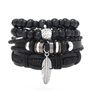 Men's Vintage Leather Braided Bracelet Set Handmade Feather Leaf Pendant Wrap Wristband Multi Layer Retro Jewelry Accessory