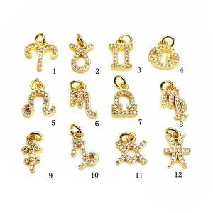 Golden 12 zodiac charms set with micro-inlaid zircons for DIY jewelry making