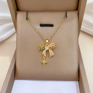 Bowknot Star Pendant Necklace Titanium Steel Chain Multi Color Zircon Copper Inlay Elegant Jewelry For Women