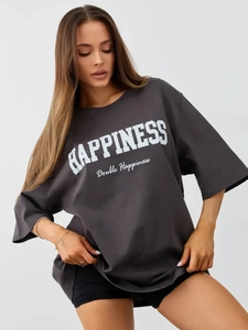Dunkelgraues Baumwoll-Oversize-T-Shirt mit minimalistischem Double Happiness Aufdruck