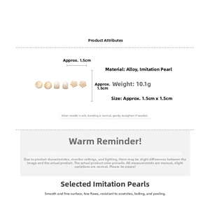 Detailed view of pearl earring set with size measurements and alloy material specs