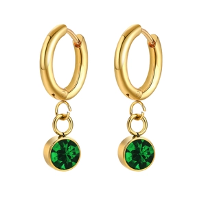 Gold hoop earrings with emerald green round zircon charms and classic click closure