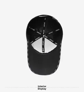 Detailed interior of black baseball cap featuring SPORT logo webbing and breathable mesh