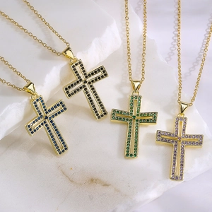 Set of four 18K gold plated cross pendant necklaces with colorful zircon stones