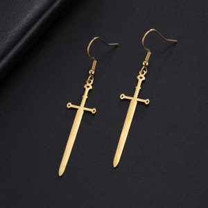 Polished 18k gold plated stainless steel long sword drop earrings for women