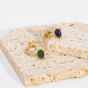 Minimalist 18K gold stainless steel open ring with green and blue natural stones