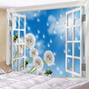 Tapiz de pared 3D vista de ventana con cielo azul y dientes de león para dormitorio