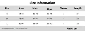 Detailed size chart for women's summer backless dress in S, M, L showing bust and hip metrics