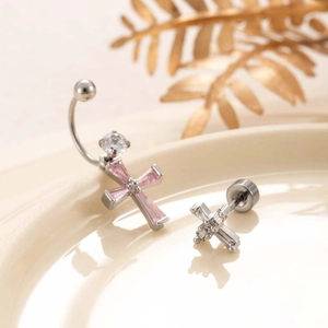 Cross pendant navel ring and matching square zircon stud earring in polished titanium steel