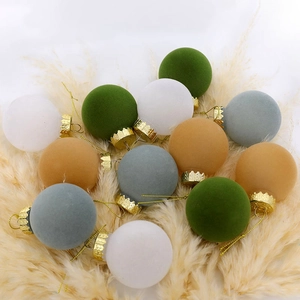12-piece flocked Christmas ball set in green and beige for holiday tree decoration