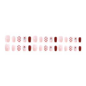 Red polka dot and puppy design short press-on nails set with glossy 3D bow finish