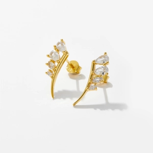 Minimalist S925 sterling silver drop earrings with curved marquise gemstones on white background