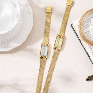 Elegant rectangular gold quartz watch with mesh strap and vintage style for women