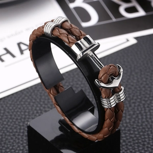 Men's double-layer brown braided leather bracelet with vintage silver anchor clasp
