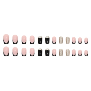 Long square press-on nails in black French style with sparkling silver glitter accents