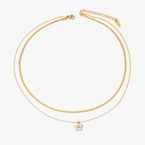 Double-layered gold necklace with flower zircon pendant and flat snake chain for women