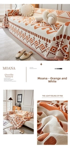 Detailed close-up of bohemian chenille sofa cover fabric with orange geometric patterns
