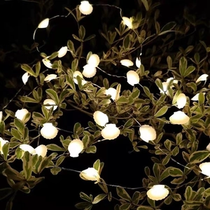 Macro shot of seashell-shaped LED fairy lights with warm white glow on garden leaves