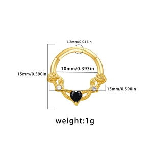 Detail view of 10mm gold nose ring with rose design and black heart gemstone specifications