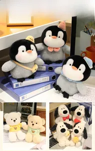 Cute plush toys collection featuring penguins and teddy bears in desktop office settings