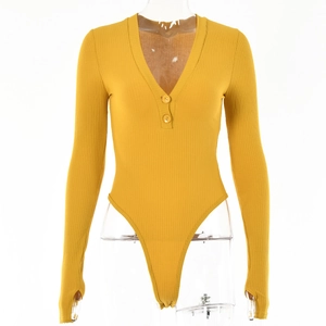 Detail view of yellow ribbed knit bodysuit with V-neck, buttons, and thumbhole cuffs