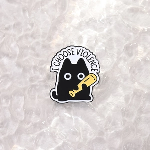 Funny black cat enamel pin holding a yellow baseball bat with I Choose Violence text
