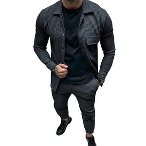 Men's two-piece casual dark grey tracksuit featuring a textured twill waffle pattern jacket