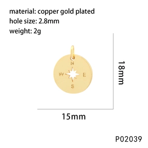 Macro detail of 15mm copper gold plated compass pendant with dimension specifications