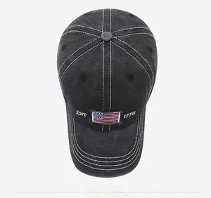 Top view of washed cotton baseball cap with AMERICA embroidery and flag patch detail