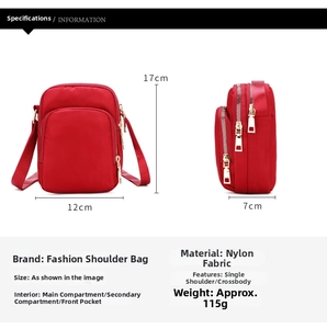 Detailed technical diagram of red nylon crossbody phone bag with three zipper pockets