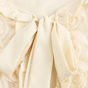 French style beige cardigan featuring 3D mesh rose petals and a large sweet ribbon tie