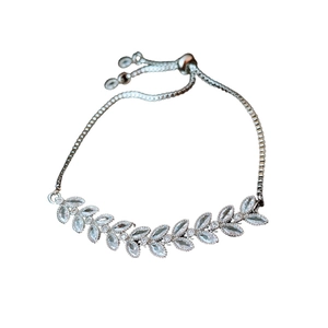 Minimalist silver willow leaf bracelet with zircon pave and adjustable sliding chain