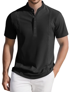 Detail of black knit Henley shirt featuring vertical decorative stitching and button placket