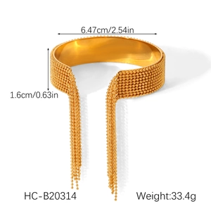Detailed size measurement of golden beaded tassel open bracelet with width and diameter data