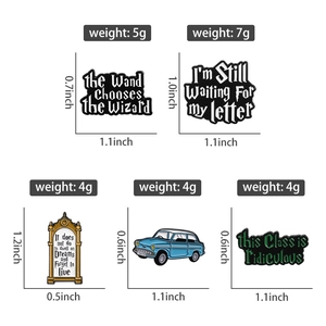 Detailed grid view of five enamel pins with dimensions and weight measurements