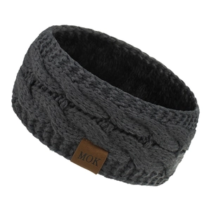 Bandeau d'hiver en tricot torsadé gris foncé avec doublure polaire et étiquette MOK