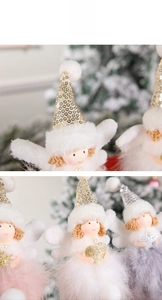 Detailed view of plush Christmas angel dolls with sequin hats and feather skirts