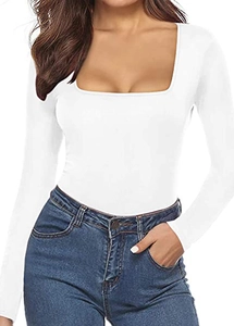 Close-up of white square neck long sleeve Y2K top with slim fit silhouette and clean fabric