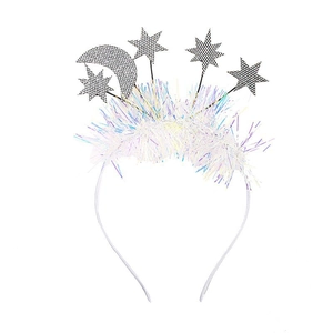 Detail of tinsel headband with silver glitter moon and star decorations on metal frame