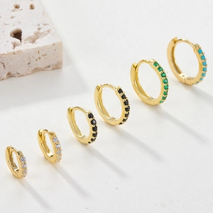 Detailed view of S925 sterling silver gold hoop earrings with multi-colored zircons