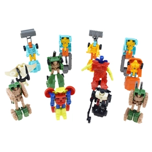 Set of 10 colorful transforming robot toys featuring construction vehicle forms on white