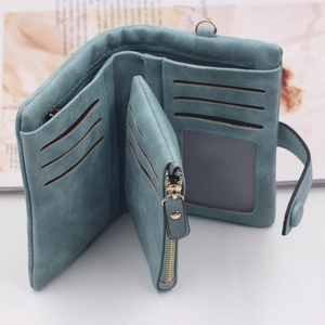 Short tri-fold frosted PU leather wallet for women with card slots and zipper pocket