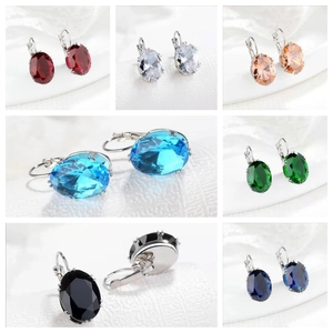 Oval Cut Colorful Artificial Gemstone Leverback Earrings Alloy Elegant Luxury Dangle Ear Jewelry For Women