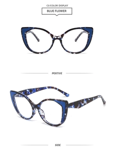 Detail view of cat eye glasses frames in blue flower pattern showing front and side views