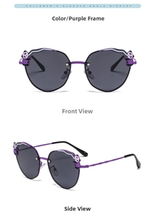 Detail view of purple kids polarized sunglasses featuring cute panda frames and metal temples