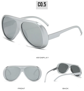 Multi-angle views of oversized matte silver sunglasses showing front, back, and 45-degree side