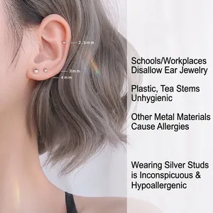 Minimalist 925 sterling silver ball stud earrings shown in 2.5mm, 3mm, and 4mm sizes